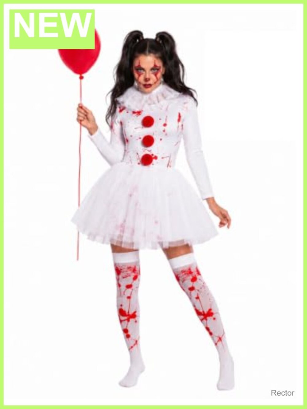 Women Scary Clown Costume Bloody Tutu Dress Face Gems Set